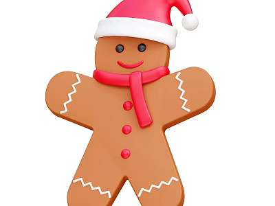 Decorative Ornament Set Gingerbread Man with Santa Hat and Red Scarf for Christmas Holiday 3d model