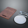 Wooden Cutting Board With White Plate And Metal Spoon Fork Knife Set