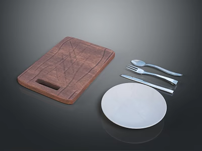 Wooden Cutting Board With White Plate And Metal Spoon Fork Knife Set 3d model
