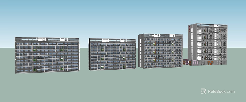 Neatly Arranged Multi Story Apartment Buildings With Numerous Windows And Blue Sky 3d model 