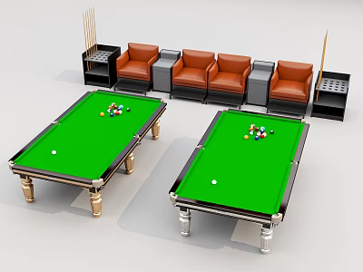 Two Green Felt Billiard Tables Sports Equipment With Brown Sofas And Cue Racks 3d model