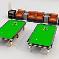 Two Green Felt Billiard Tables Sports Equipment With Brown Sofas And Cue Racks
