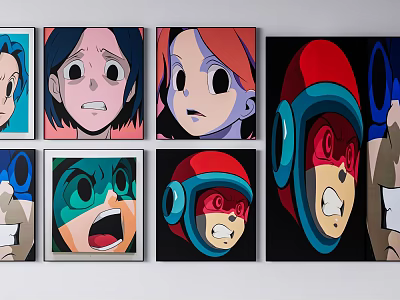 Anime Character Portraits Framed Wall Art With Expressive Faces And Colorful Illustrations 3d model