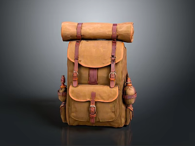 Vintage Brown Backpack With Adjustable Straps Side Pockets And Rolled Top Storage 3d model