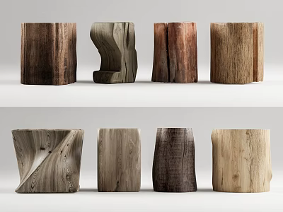 Natural Wooden Stools Showcasing Various Wood Grain Patterns And Different Shapes 3d model