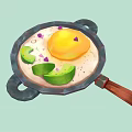 Non Stick Cooking Pan With Wooden Handle Fried Egg Avocado Slices And Purple Herbs