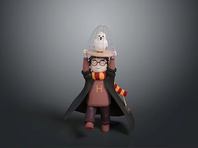 Harry Potter Movie Character With Birdcage On Head And Striped Scarf 3d model