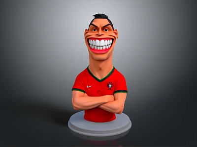 Cartoon Football Player Figurine in Red Jersey with Portugal Logo Arms Crossed on White Base 3d model