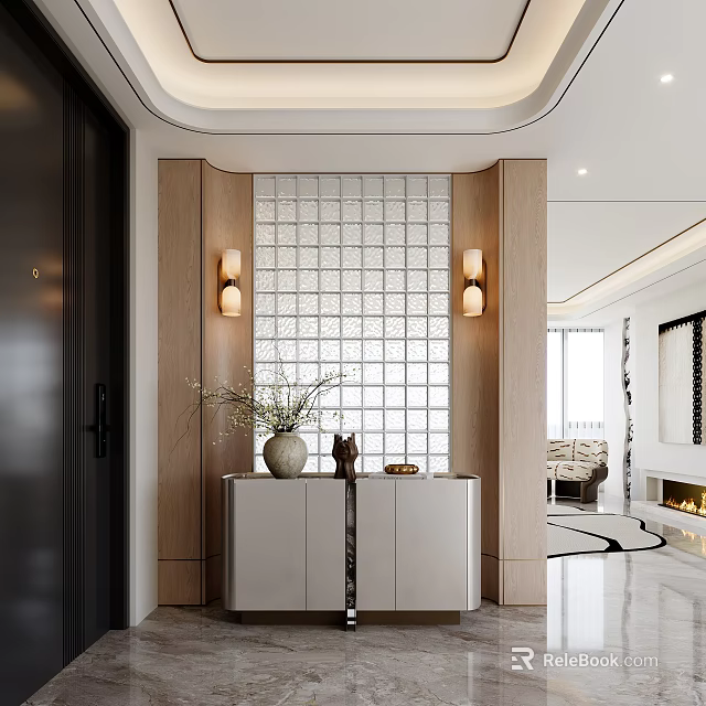 Modern Entryway Hallway With Glass Block Wall Wall Sconces And Console Cabinet Decorative Vase 3d model 