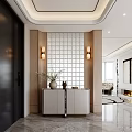 Modern Entryway Hallway With Glass Block Wall Wall Sconces And Console Cabinet Decorative Vase