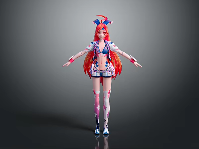 Anime Character with Red Long Hair Blue Accessories Pink Leg Patterns and Arms Outstretched 3d model