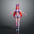 Anime Character with Red Long Hair Blue Accessories Pink Leg Patterns and Arms Outstretched