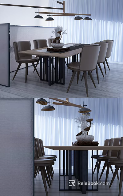 Modern Wooden Dining Table Set With Metal Legs Upholstered Chairs And Pendant Lights 3d model 