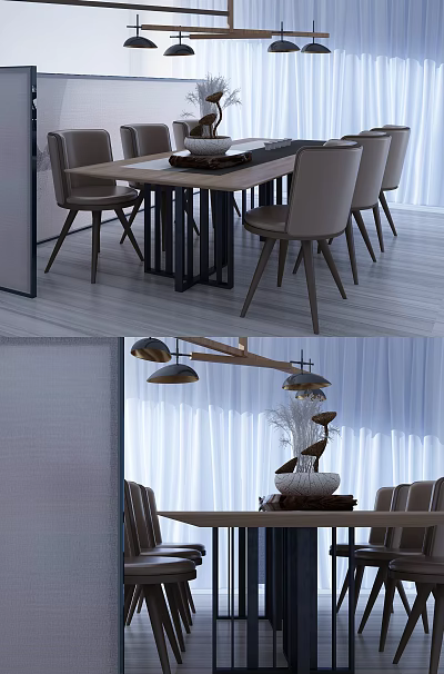 Modern Wooden Dining Table Set With Metal Legs Upholstered Chairs And Pendant Lights 3d model