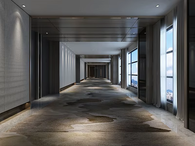 Elegant Modern Hotel Corridor With Long Spacious Design Patterned Carpet Large Windows And Soft Lighting 3d model