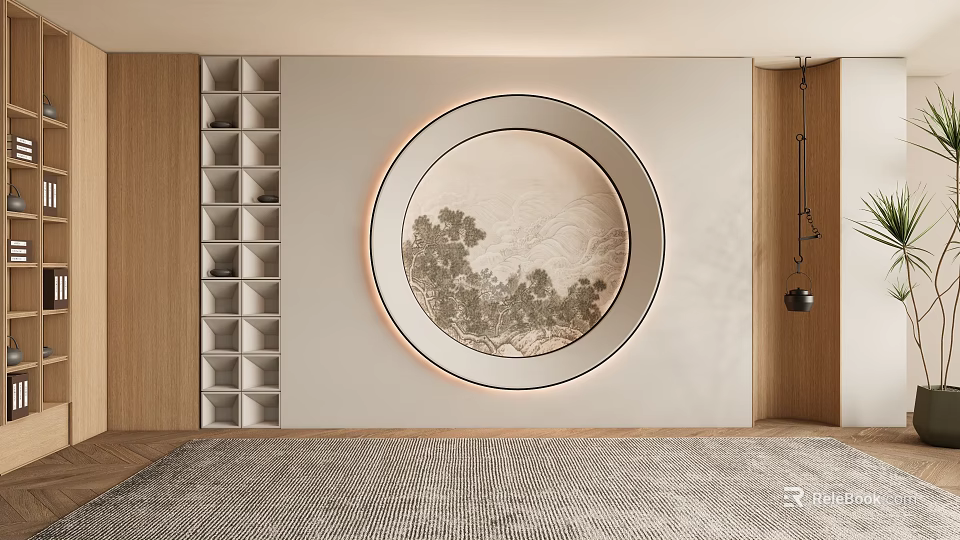 Modern Bookcase Interior Design With Geometric Shelves And Circular Decorative Painting 3d model 