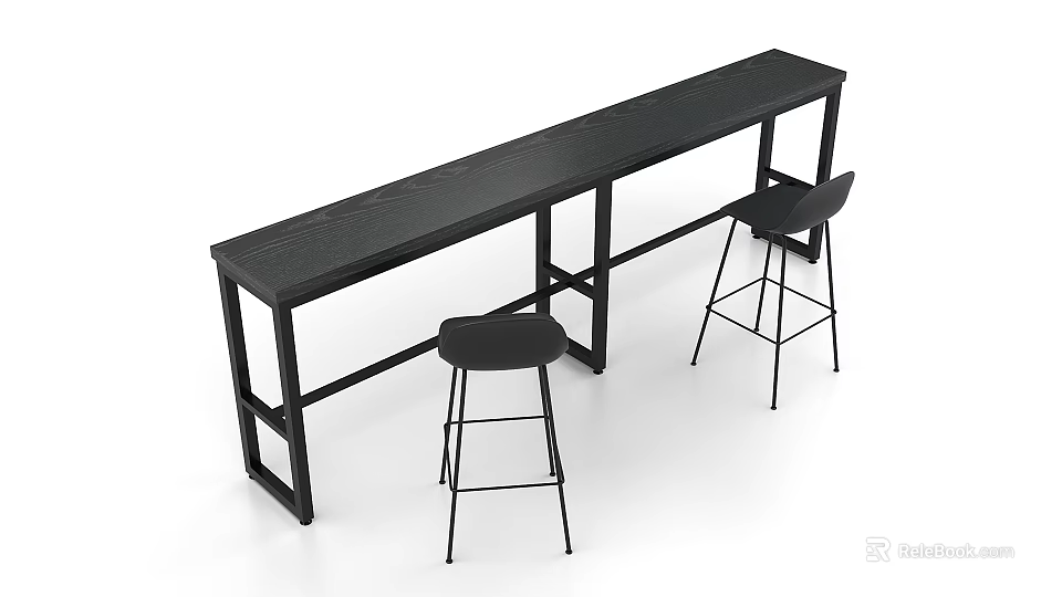 Black Long Wooden Table With Two Modern Black Bar Stools For Home Dining Area 3d model 