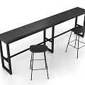 Black Long Wooden Table With Two Modern Black Bar Stools For Home Dining Area