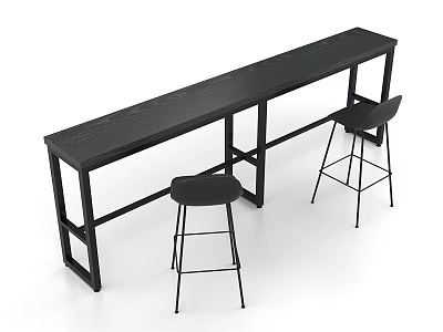 Black Long Wooden Table With Two Modern Black Bar Stools For Home Dining Area 3d model