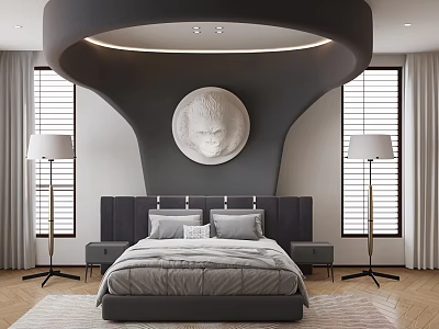 Modern Double Bed With Black Headboard Background Circular White Relief Floor Lamps And Louvered Windows 3d model
