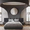 Modern Double Bed With Black Headboard Background Circular White Relief Floor Lamps And Louvered Windows