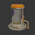 Futuristic Cylindrical Industrial Device With Orange Top Transparent Side Metal Base And Warning Stripes