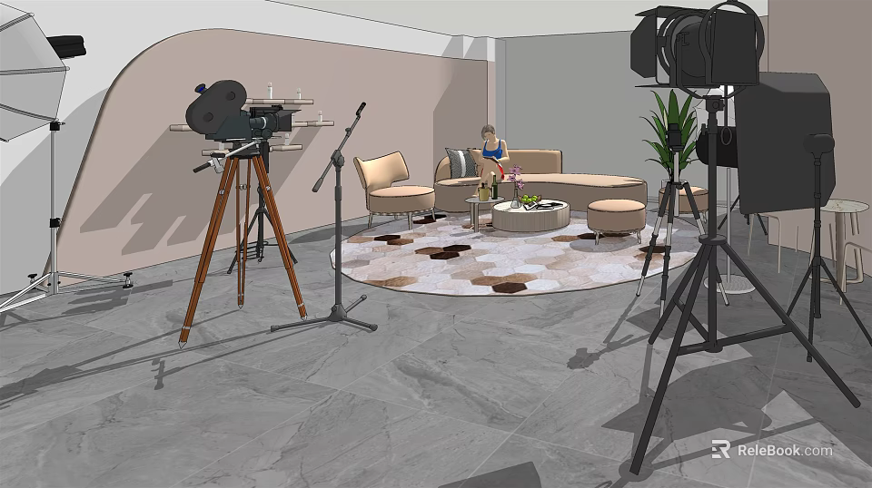 Modern Public Office Space Interior With Comfortable Sofa Coffee Table Round Rug And Potted Plants 3d model 