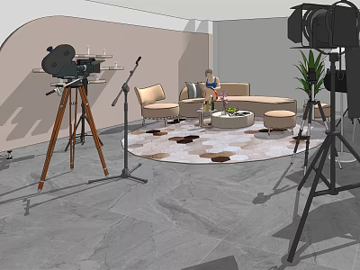 Modern Public Office Space Interior With Comfortable Sofa Coffee Table Round Rug And Potted Plants 3d model