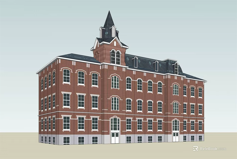 Red Brick Office Building With Steeple Tower Multi Story Design And Uniform Windows 3d model 
