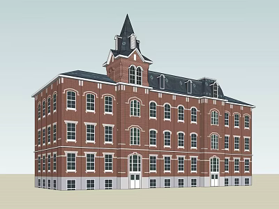 Red Brick Office Building With Steeple Tower Multi Story Design And Uniform Windows 3d model