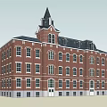 Red Brick Office Building With Steeple Tower Multi Story Design And Uniform Windows