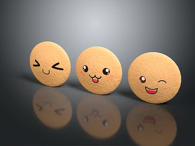 Yellow Round Cookies With Winking Smiling Laughing Faces And Shiny Reflection On Dark Background 3d model