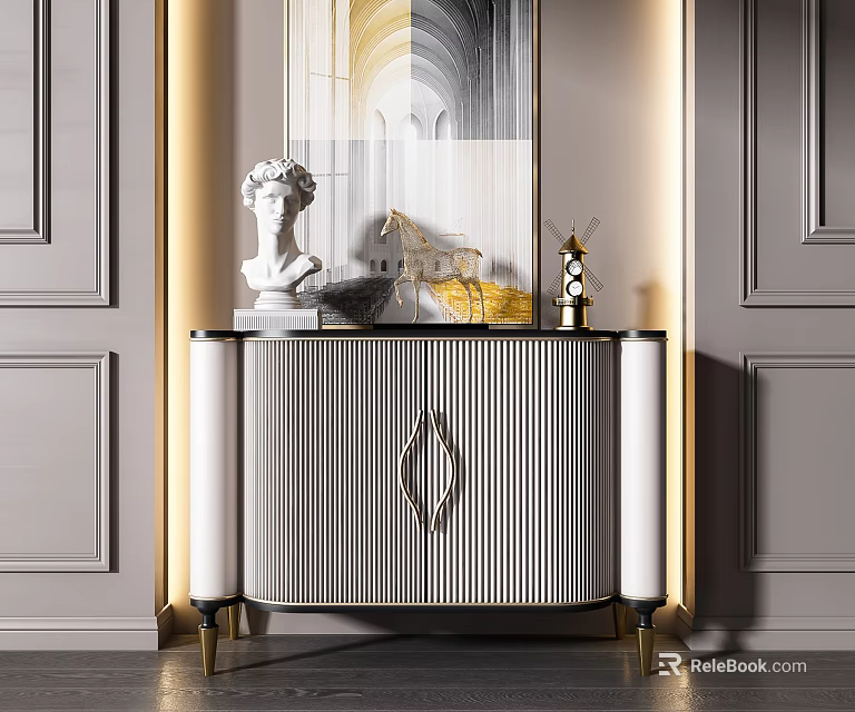 Modern Entryway Console Cabinet With Striped Panel Golden Legs And Decorative Sculptures 3d model 