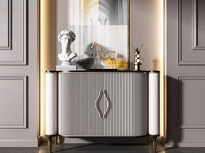 Modern Entryway Console Cabinet With Striped Panel Golden Legs And Decorative Sculptures 3d model