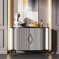 Modern Entryway Console Cabinet With Striped Panel Golden Legs And Decorative Sculptures