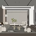 Modern Living Room Interior With Beige Sofa Armchair Round Coffee Table Rug TV And Plants