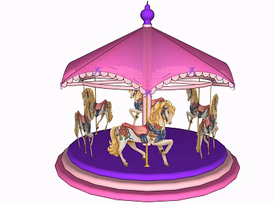 Colorful Carousel Amusement Equipment With Pink Canopy Purple Base And Decorative Horses 3d model