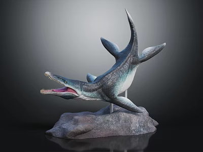 Realistic Ichthyosaur Prehistoric Marine Reptile Model With Open Mouth On Rock Base 3d model