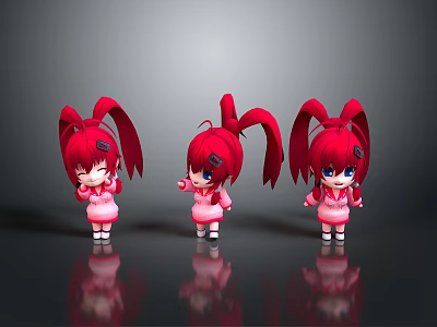 Anime Game Character With Red Hair Twin Ponytails Pink Outfit And Multiple Poses 3d model