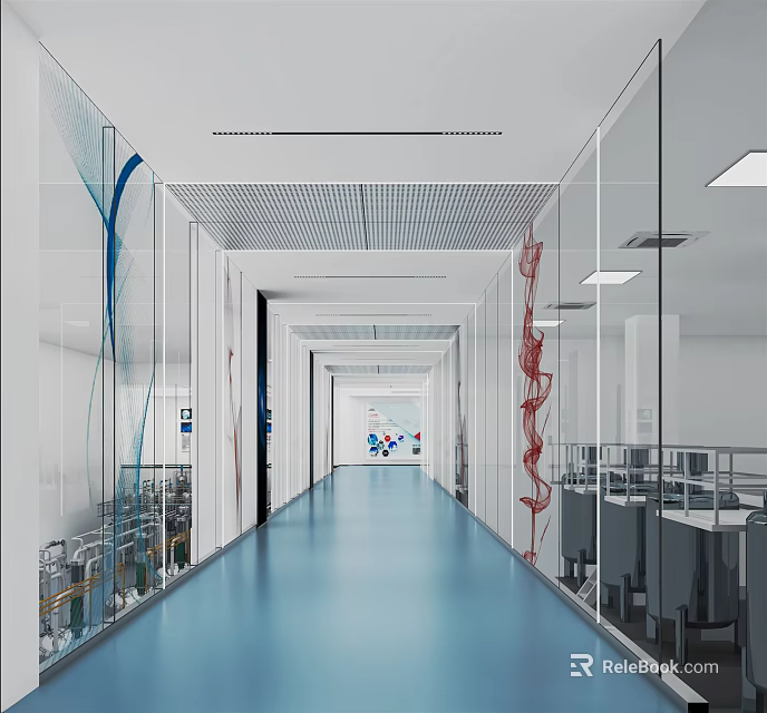 Modern Office Corridor With Blue Floor Glass Partitions Ceiling Lights And Artistic Decorations 3d model 