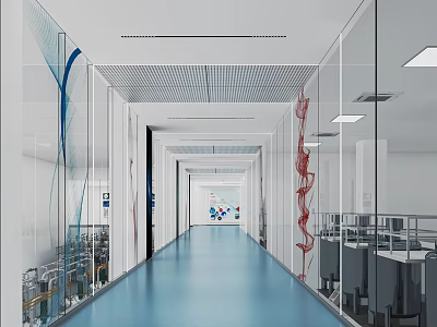 Modern Office Corridor With Blue Floor Glass Partitions Ceiling Lights And Artistic Decorations 3d model