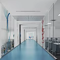 Modern Office Corridor With Blue Floor Glass Partitions Ceiling Lights And Artistic Decorations