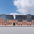 Modern Commercial Street Architecture With Glass Curtain Walls Red Brick Elements Green Plants And Square