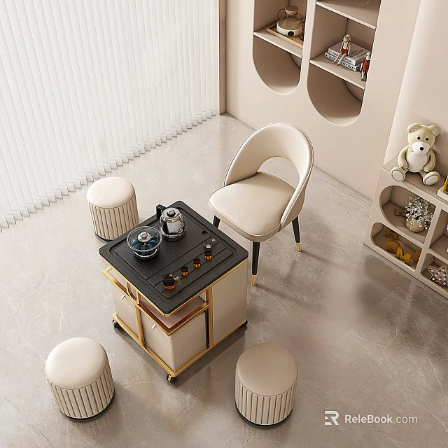 Modern Light Colored Tea Table and Chairs with Tea Set Stools in Lounge Area 3d model