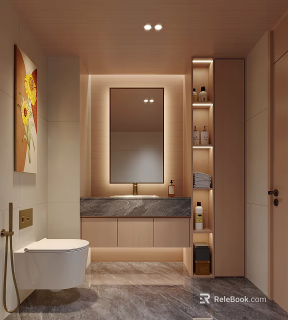 Modern Elegant Bathroom Interior With Backlit Mirror Marble Countertop Wooden Cabinets Shelves And Sunflower Painting 3d model 