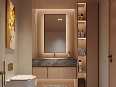 Modern Elegant Bathroom Interior With Backlit Mirror Marble Countertop Wooden Cabinets Shelves And Sunflower Painting 3d model