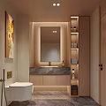 Modern Elegant Bathroom Interior With Backlit Mirror Marble Countertop Wooden Cabinets Shelves And Sunflower Painting