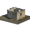 Ancient Stone Ruin Building Model On Black Square Base With Grass And Dirt