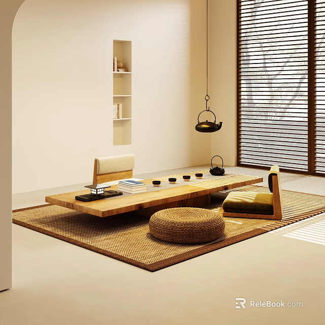 Japanese Wooden Tea Table with Chairs Tea Set on Tatami Mat Hanging Lamp and Shelf 3d model 