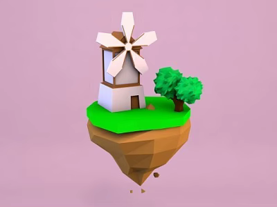 Cartoon Low Poly Scene With Floating Green Island Small House Windmill And Trees 3d model